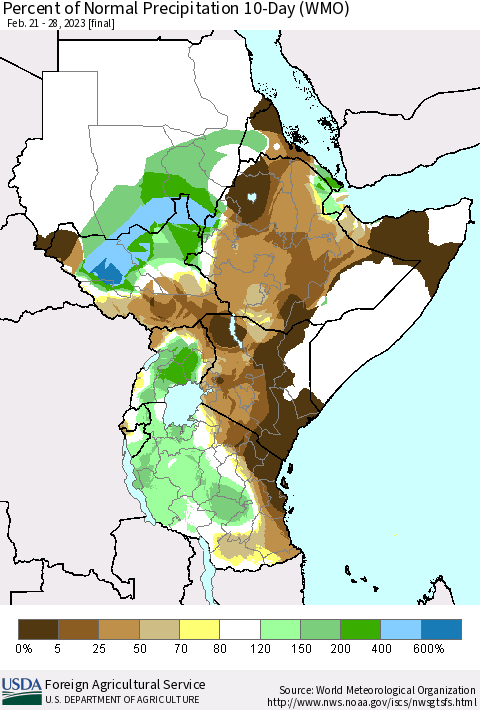 Eastern Africa Percent of Normal Precipitation 10-Day (WMO) Thematic Map For 2/21/2023 - 2/28/2023