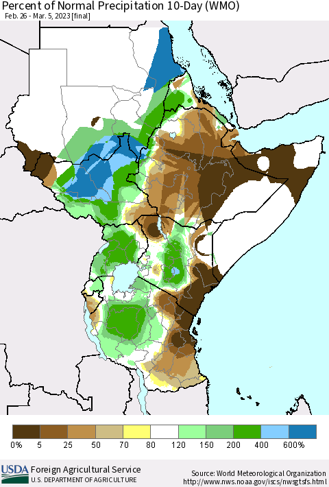 Eastern Africa Percent of Normal Precipitation 10-Day (WMO) Thematic Map For 2/26/2023 - 3/5/2023
