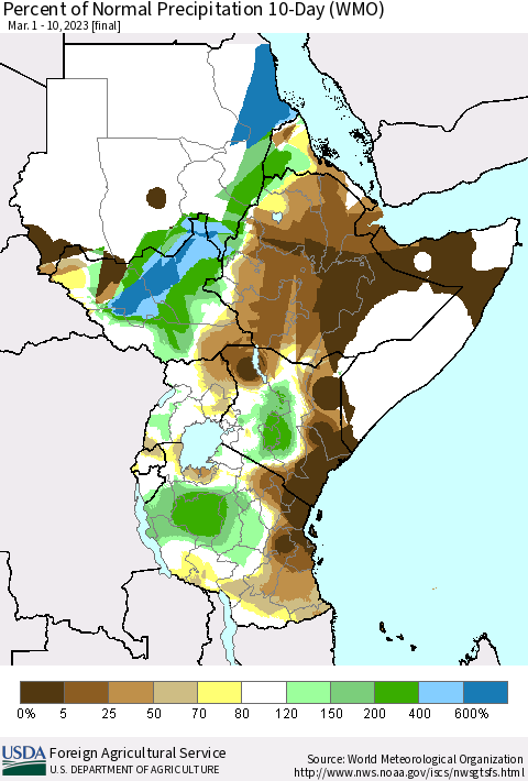 Eastern Africa Percent of Normal Precipitation 10-Day (WMO) Thematic Map For 3/1/2023 - 3/10/2023