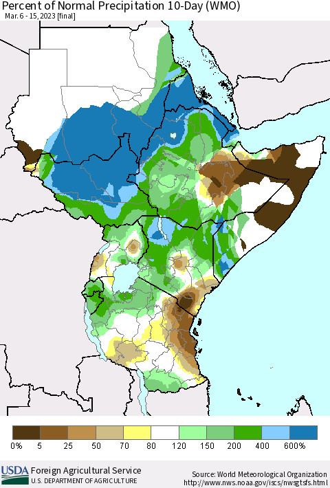 Eastern Africa Percent of Normal Precipitation 10-Day (WMO) Thematic Map For 3/6/2023 - 3/15/2023