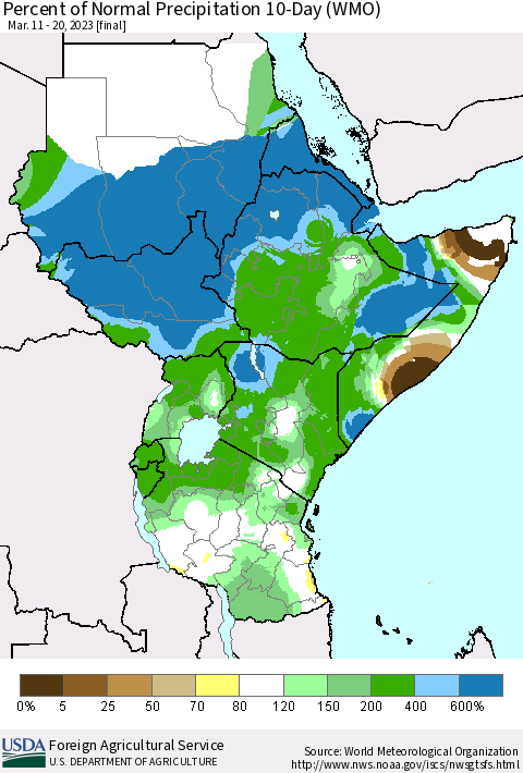 Eastern Africa Percent of Normal Precipitation 10-Day (WMO) Thematic Map For 3/11/2023 - 3/20/2023