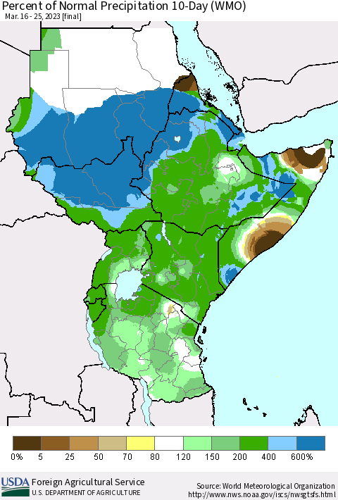 Eastern Africa Percent of Normal Precipitation 10-Day (WMO) Thematic Map For 3/16/2023 - 3/25/2023