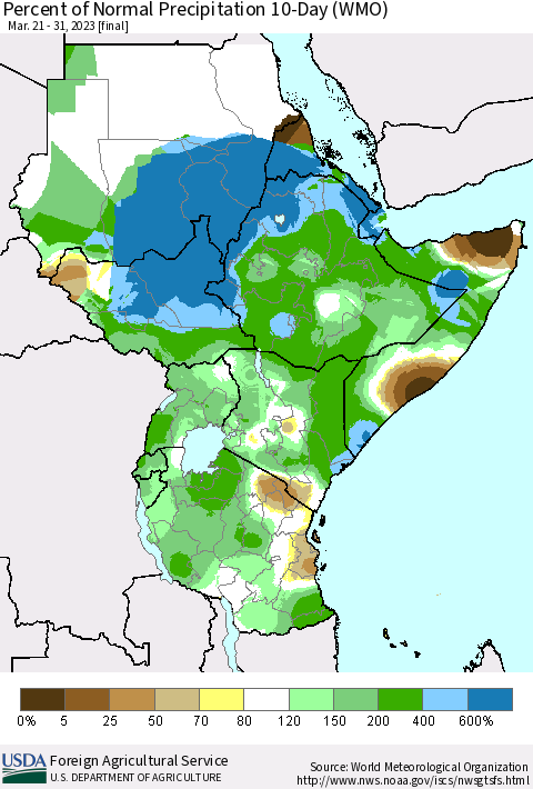 Eastern Africa Percent of Normal Precipitation 10-Day (WMO) Thematic Map For 3/21/2023 - 3/31/2023