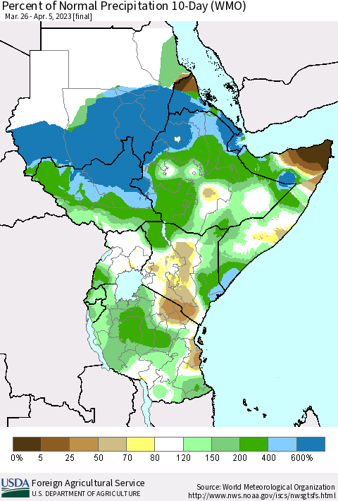 Eastern Africa Percent of Normal Precipitation 10-Day (WMO) Thematic Map For 3/26/2023 - 4/5/2023