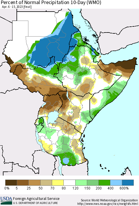 Eastern Africa Percent of Normal Precipitation 10-Day (WMO) Thematic Map For 4/6/2023 - 4/15/2023