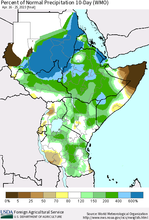 Eastern Africa Percent of Normal Precipitation 10-Day (WMO) Thematic Map For 4/16/2023 - 4/25/2023
