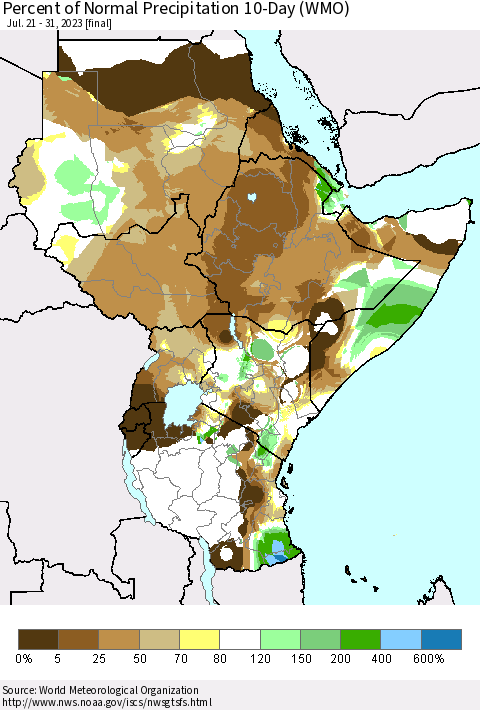 Eastern Africa Percent of Normal Precipitation 10-Day (WMO) Thematic Map For 7/21/2023 - 7/31/2023