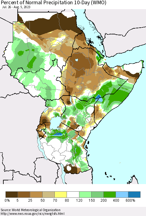 Eastern Africa Percent of Normal Precipitation 10-Day (WMO) Thematic Map For 7/26/2023 - 8/5/2023