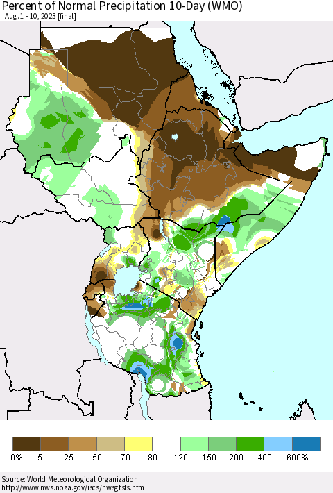 Eastern Africa Percent of Normal Precipitation 10-Day (WMO) Thematic Map For 8/1/2023 - 8/10/2023