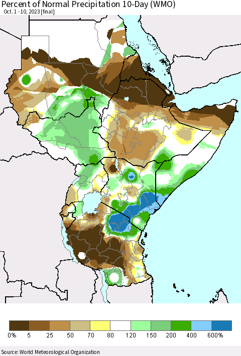 Eastern Africa Percent of Normal Precipitation 10-Day (WMO) Thematic Map For 10/1/2023 - 10/10/2023