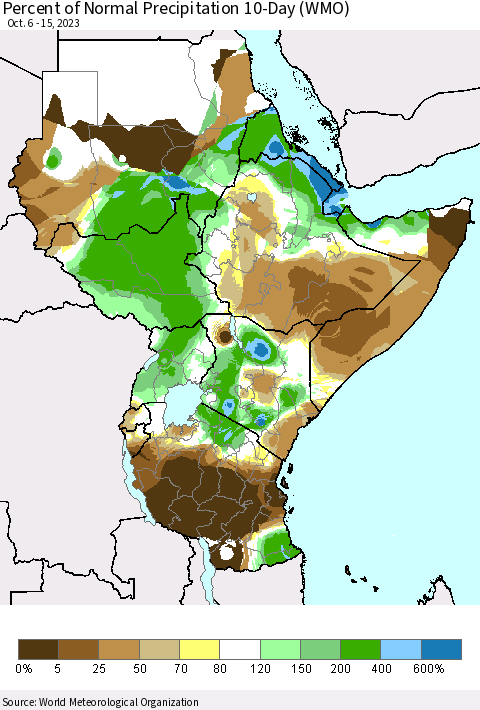 Eastern Africa Percent of Normal Precipitation 10-Day (WMO) Thematic Map For 10/6/2023 - 10/15/2023