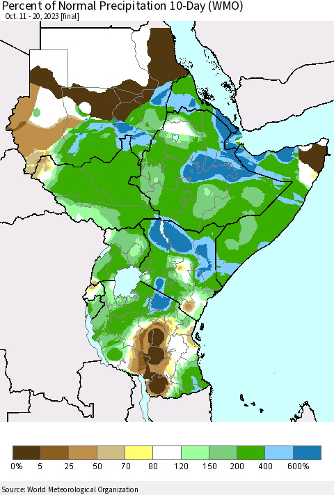 Eastern Africa Percent of Normal Precipitation 10-Day (WMO) Thematic Map For 10/11/2023 - 10/20/2023
