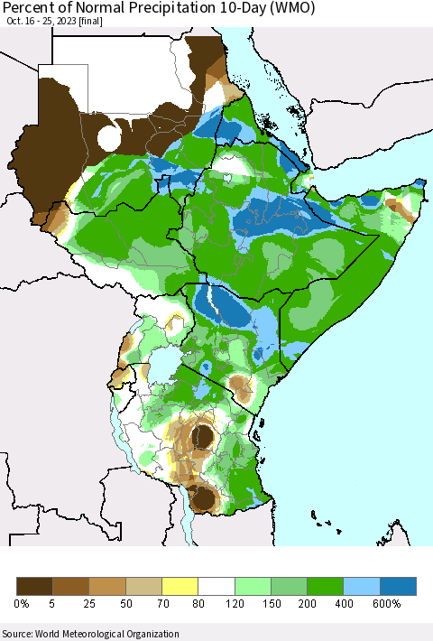 Eastern Africa Percent of Normal Precipitation 10-Day (WMO) Thematic Map For 10/16/2023 - 10/25/2023