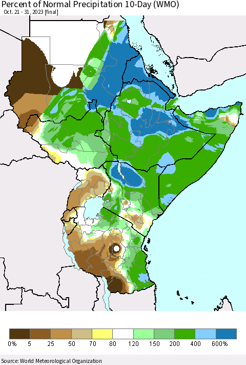 Eastern Africa Percent of Normal Precipitation 10-Day (WMO) Thematic Map For 10/21/2023 - 10/31/2023