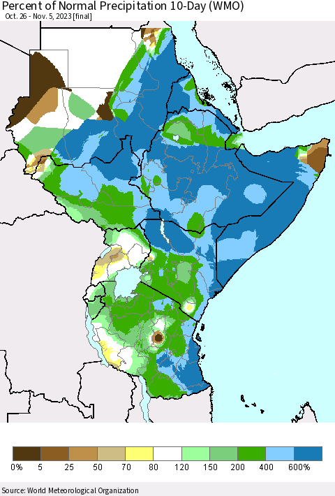 Eastern Africa Percent of Normal Precipitation 10-Day (WMO) Thematic Map For 10/26/2023 - 11/5/2023