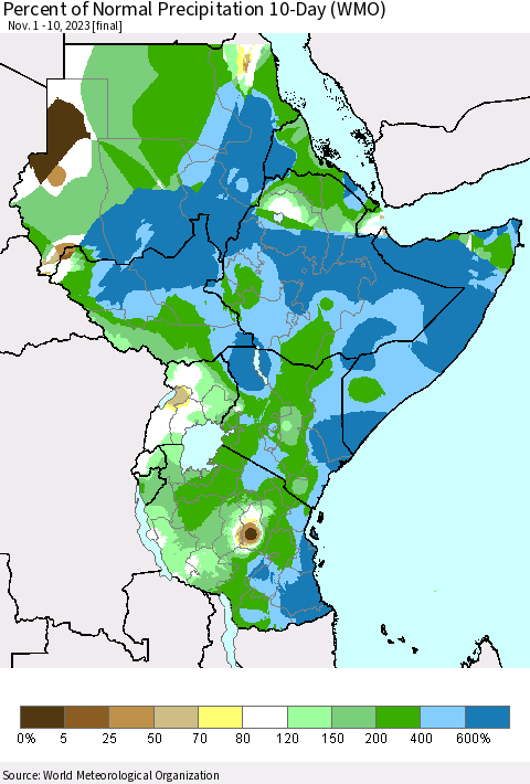 Eastern Africa Percent of Normal Precipitation 10-Day (WMO) Thematic Map For 11/1/2023 - 11/10/2023