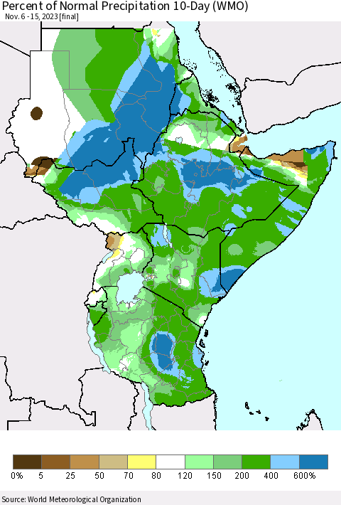 Eastern Africa Percent of Normal Precipitation 10-Day (WMO) Thematic Map For 11/6/2023 - 11/15/2023