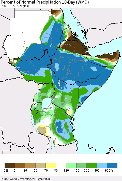 Eastern Africa Percent of Normal Precipitation 10-Day (WMO) Thematic Map For 11/11/2023 - 11/20/2023
