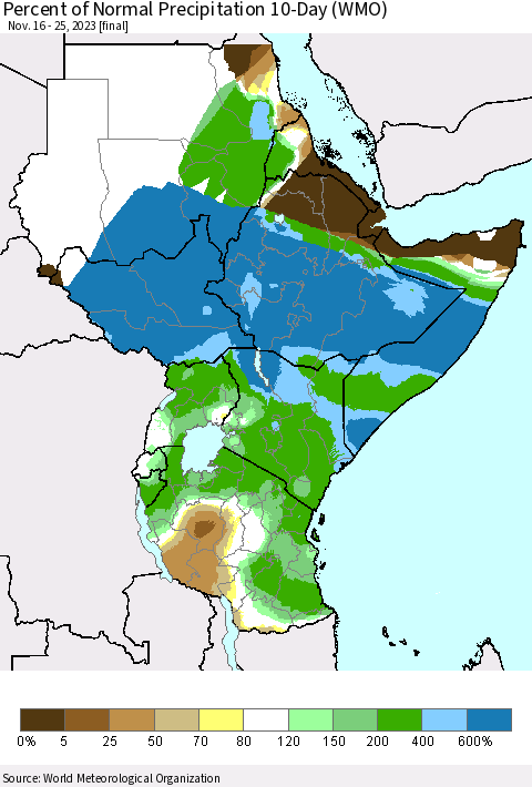 Eastern Africa Percent of Normal Precipitation 10-Day (WMO) Thematic Map For 11/16/2023 - 11/25/2023