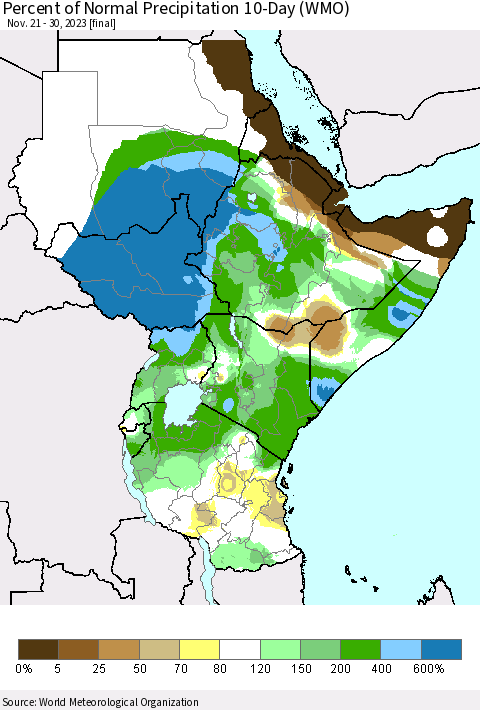 Eastern Africa Percent of Normal Precipitation 10-Day (WMO) Thematic Map For 11/21/2023 - 11/30/2023