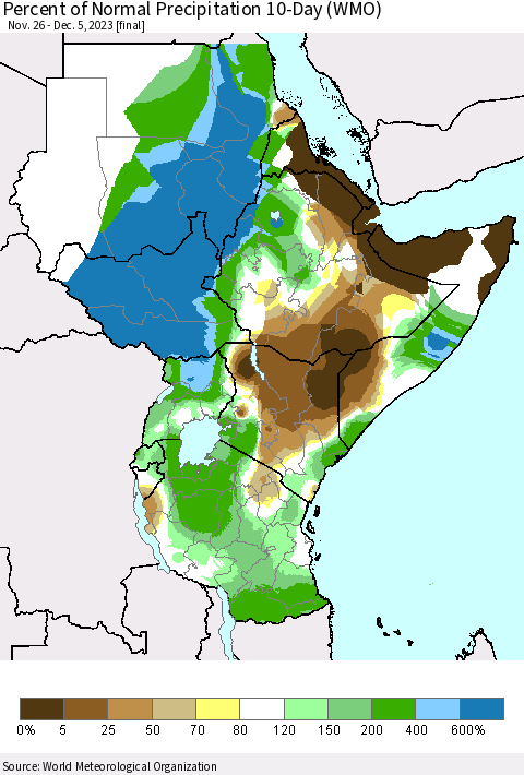 Eastern Africa Percent of Normal Precipitation 10-Day (WMO) Thematic Map For 11/26/2023 - 12/5/2023