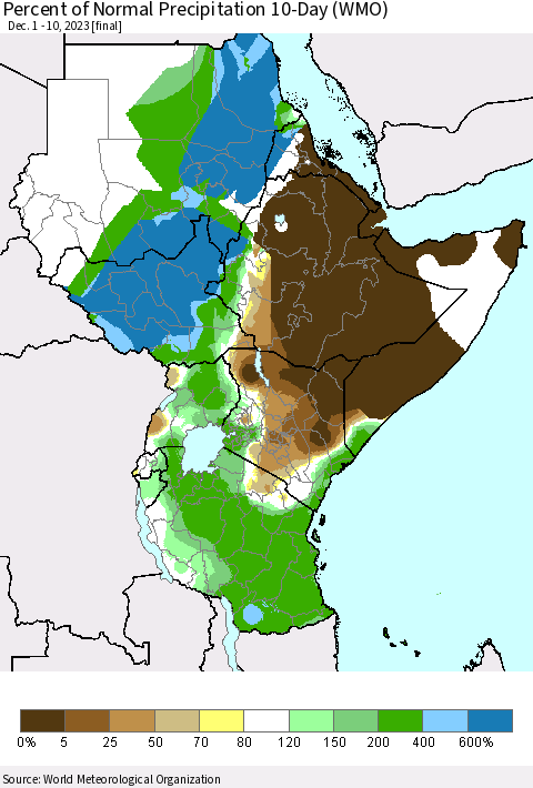 Eastern Africa Percent of Normal Precipitation 10-Day (WMO) Thematic Map For 12/1/2023 - 12/10/2023
