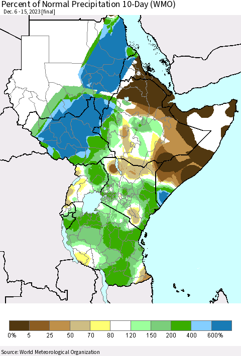 Eastern Africa Percent of Normal Precipitation 10-Day (WMO) Thematic Map For 12/6/2023 - 12/15/2023