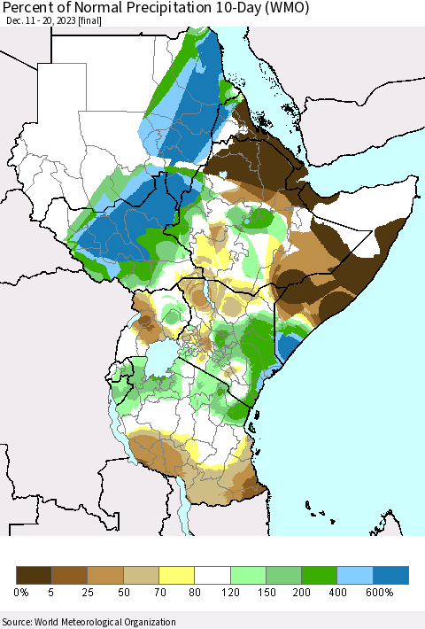 Eastern Africa Percent of Normal Precipitation 10-Day (WMO) Thematic Map For 12/11/2023 - 12/20/2023