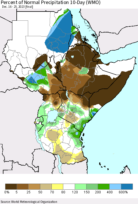 Eastern Africa Percent of Normal Precipitation 10-Day (WMO) Thematic Map For 12/16/2023 - 12/25/2023