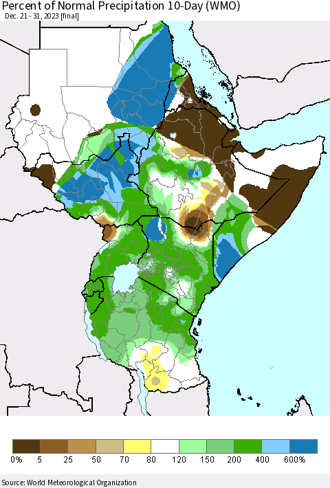 Eastern Africa Percent of Normal Precipitation 10-Day (WMO) Thematic Map For 12/21/2023 - 12/31/2023