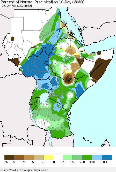 Eastern Africa Percent of Normal Precipitation 10-Day (WMO) Thematic Map For 12/26/2023 - 1/5/2024