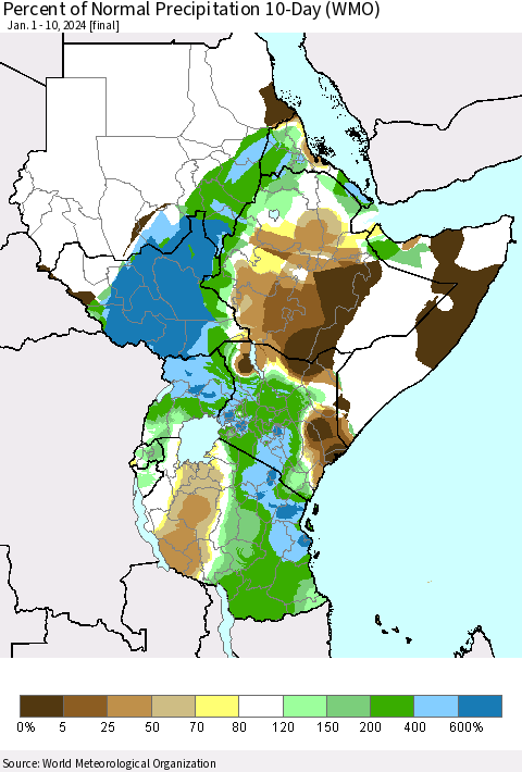 Eastern Africa Percent of Normal Precipitation 10-Day (WMO) Thematic Map For 1/1/2024 - 1/10/2024