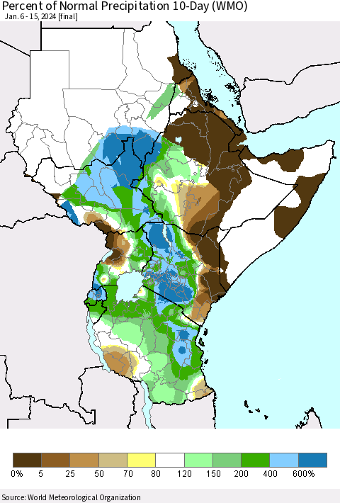 Eastern Africa Percent of Normal Precipitation 10-Day (WMO) Thematic Map For 1/6/2024 - 1/15/2024