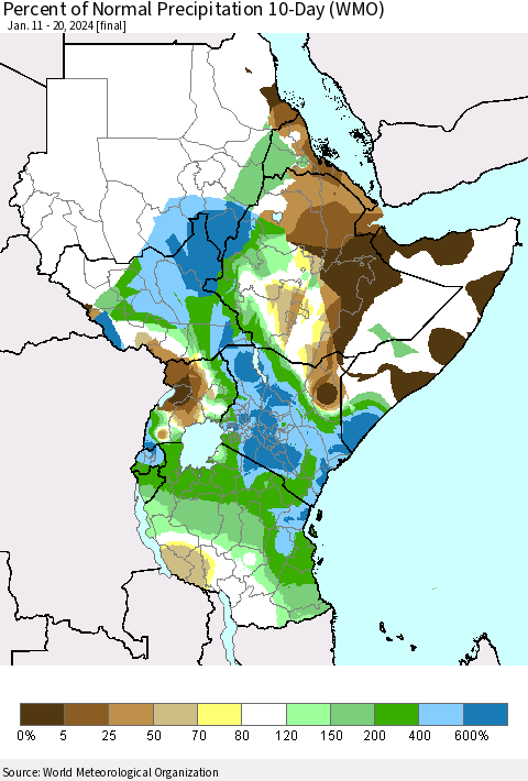 Eastern Africa Percent of Normal Precipitation 10-Day (WMO) Thematic Map For 1/11/2024 - 1/20/2024