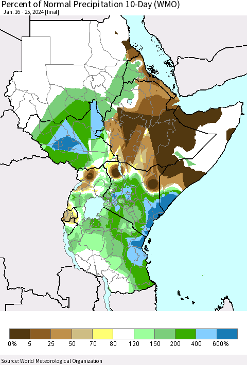 Eastern Africa Percent of Normal Precipitation 10-Day (WMO) Thematic Map For 1/16/2024 - 1/25/2024