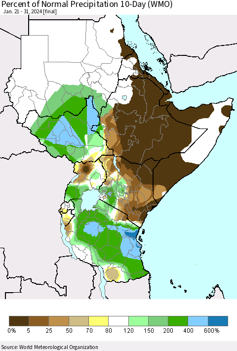 Eastern Africa Percent of Normal Precipitation 10-Day (WMO) Thematic Map For 1/21/2024 - 1/31/2024