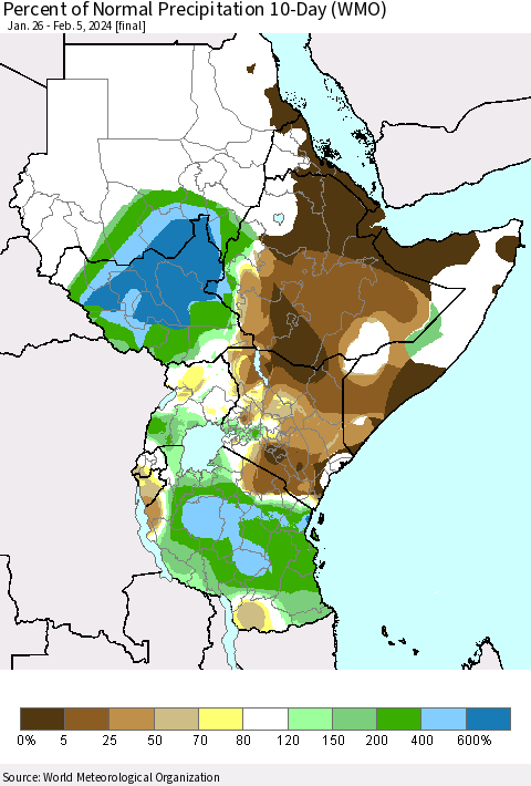 Eastern Africa Percent of Normal Precipitation 10-Day (WMO) Thematic Map For 1/26/2024 - 2/5/2024