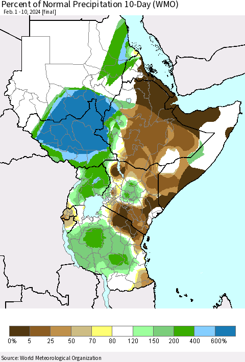 Eastern Africa Percent of Normal Precipitation 10-Day (WMO) Thematic Map For 2/1/2024 - 2/10/2024