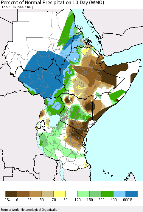 Eastern Africa Percent of Normal Precipitation 10-Day (WMO) Thematic Map For 2/6/2024 - 2/15/2024