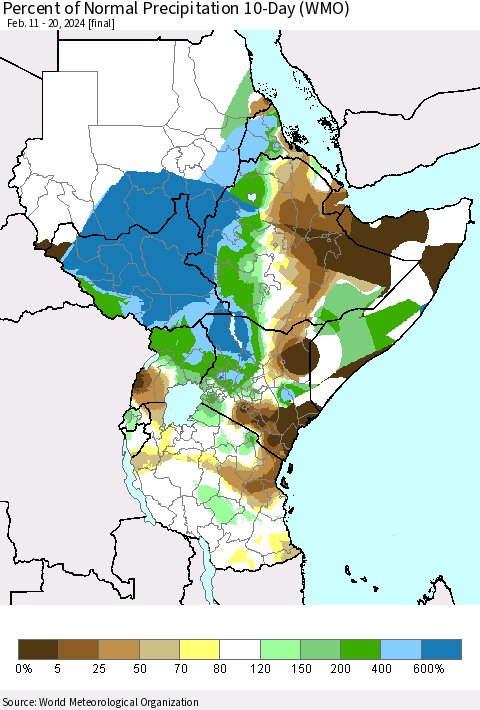 Eastern Africa Percent of Normal Precipitation 10-Day (WMO) Thematic Map For 2/11/2024 - 2/20/2024