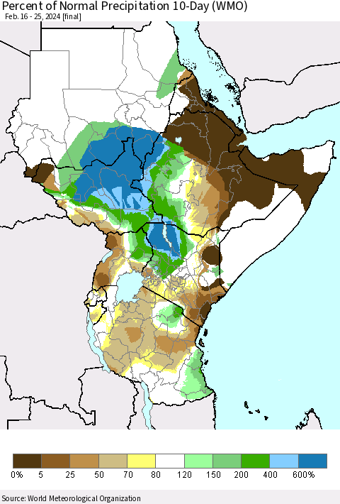 Eastern Africa Percent of Normal Precipitation 10-Day (WMO) Thematic Map For 2/16/2024 - 2/25/2024