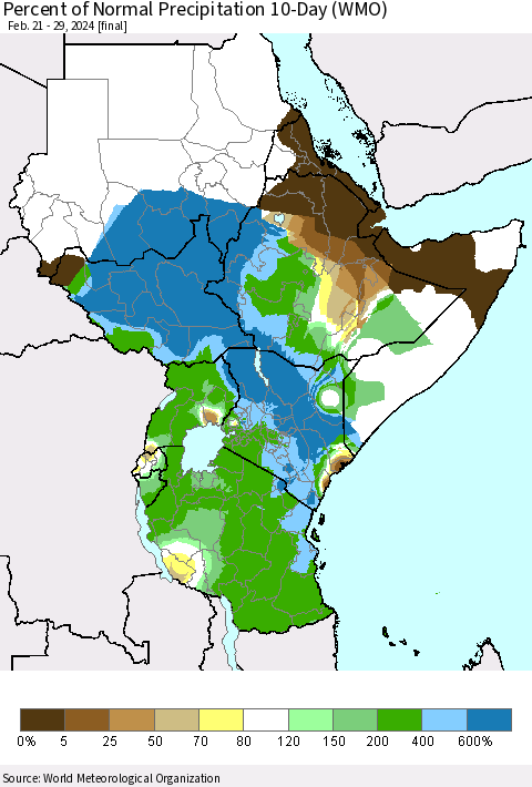 Eastern Africa Percent of Normal Precipitation 10-Day (WMO) Thematic Map For 2/21/2024 - 2/29/2024