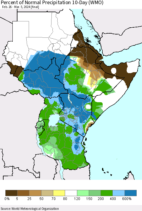 Eastern Africa Percent of Normal Precipitation 10-Day (WMO) Thematic Map For 2/26/2024 - 3/5/2024