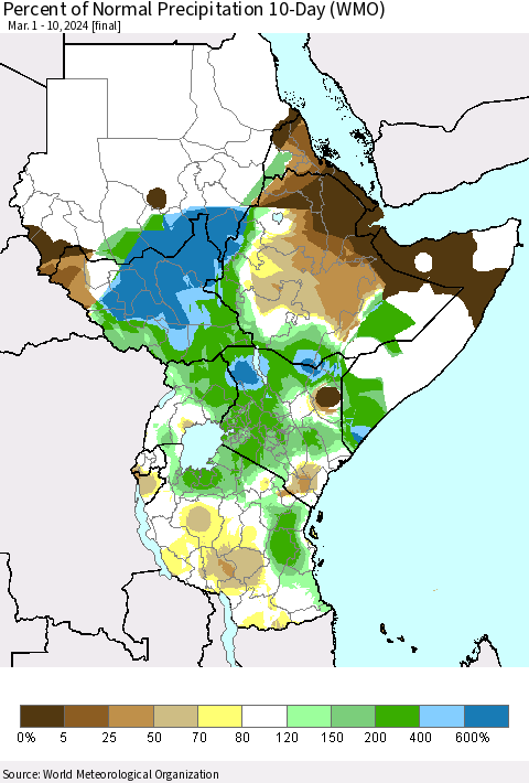 Eastern Africa Percent of Normal Precipitation 10-Day (WMO) Thematic Map For 3/1/2024 - 3/10/2024