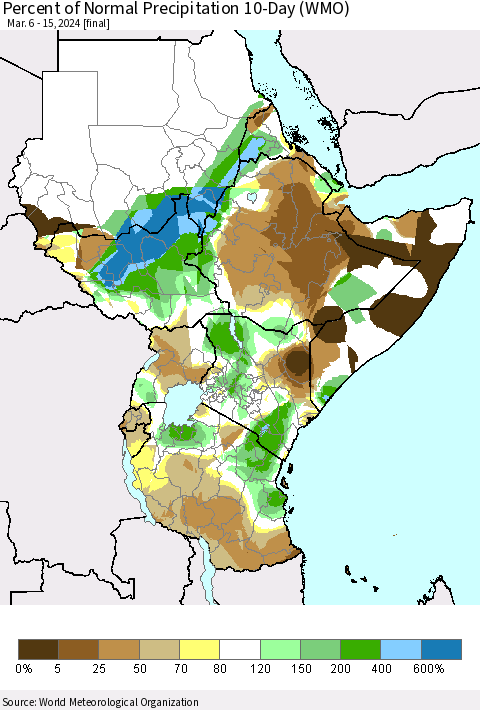 Eastern Africa Percent of Normal Precipitation 10-Day (WMO) Thematic Map For 3/6/2024 - 3/15/2024