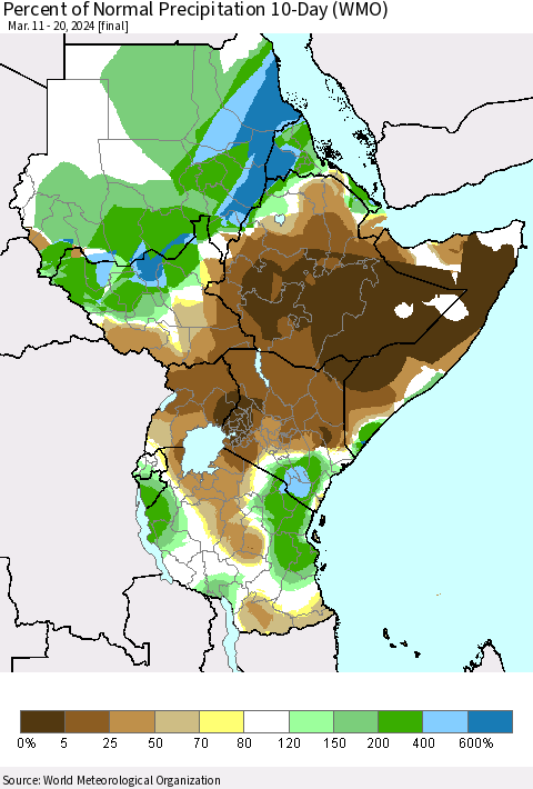 Eastern Africa Percent of Normal Precipitation 10-Day (WMO) Thematic Map For 3/11/2024 - 3/20/2024