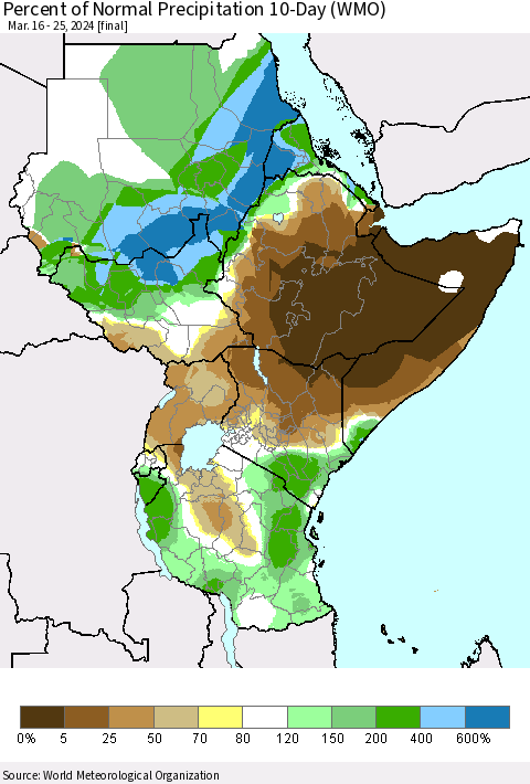 Eastern Africa Percent of Normal Precipitation 10-Day (WMO) Thematic Map For 3/16/2024 - 3/25/2024
