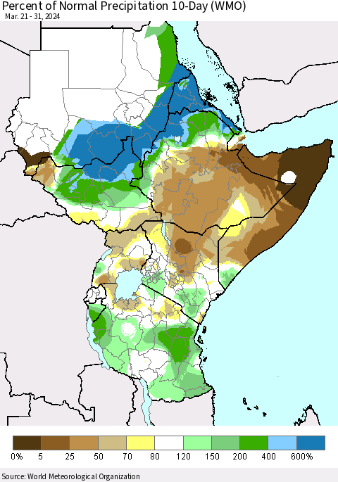 Eastern Africa Percent of Normal Precipitation 10-Day (WMO) Thematic Map For 3/21/2024 - 3/31/2024