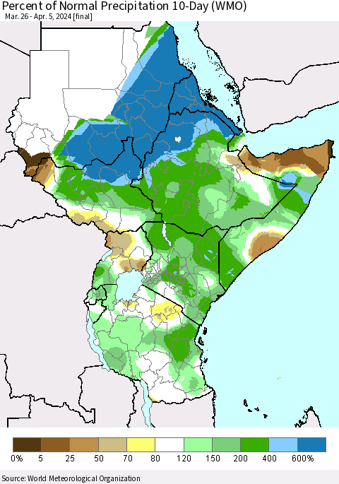 Eastern Africa Percent of Normal Precipitation 10-Day (WMO) Thematic Map For 3/26/2024 - 4/5/2024