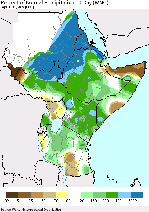 Eastern Africa Percent of Normal Precipitation 10-Day (WMO) Thematic Map For 4/1/2024 - 4/10/2024